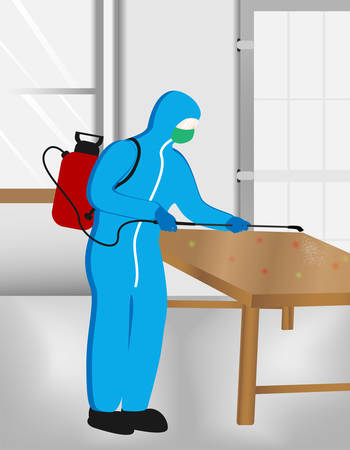 Illustration vector graphic of Disinfectant worker tries to cleaning the office room, sterilization coronavirus or COVID-19.のイラスト素材