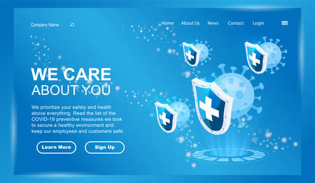 coronavirus/COVID-19, vector illustration of website landing page healthcare protection from coronavirus concept with medical shields icon.のイラスト素材