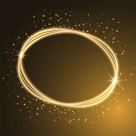 Golden sparkling oval with golden glitter on black background. Vector golden frame.のイラスト素材