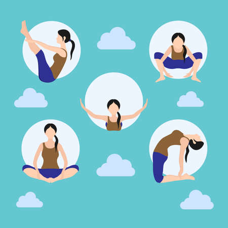 woman character yoga poses icon templates in flat design. Vector illustration.のイラスト素材