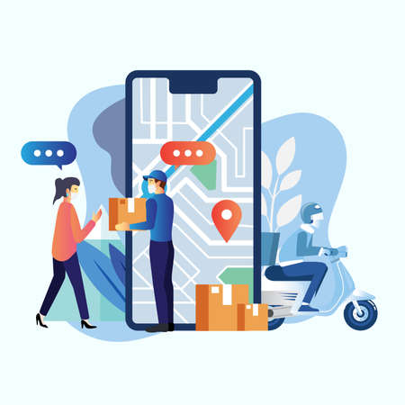 Delivery service package by scooter on mobile phone. Order package in E-commerce by app. Tracking courier by map application. Vector illustration.のイラスト素材