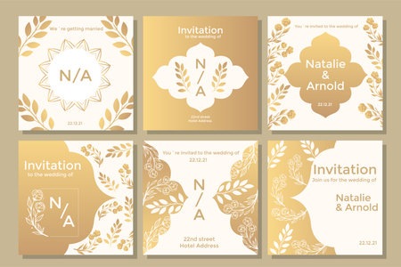 Golden wedding invitation social media posts. Vector illustration.のイラスト素材