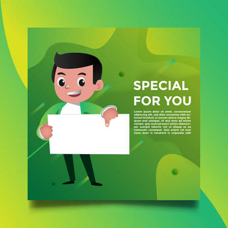 Cartoon character holding a whiteboard with text special for you. Social media posts. Vector illustration.のイラスト素材