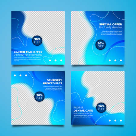 Dentist social media post templates. Medical promotion square web banner. Special offer banner. Sale and discount backgrounds. Vector illustration.のイラスト素材