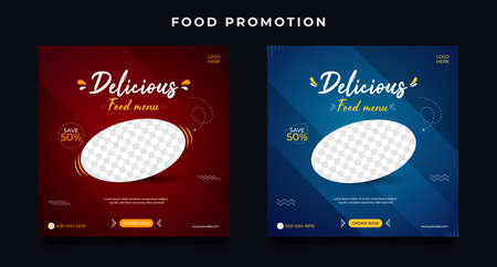 Red and blue Food menu promotion social media post templates. Sale and discount square banner.のイラスト素材