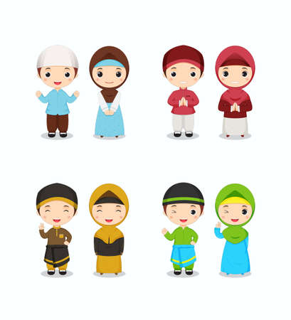 Set of cute muslim couple in colorful themeのイラスト素材