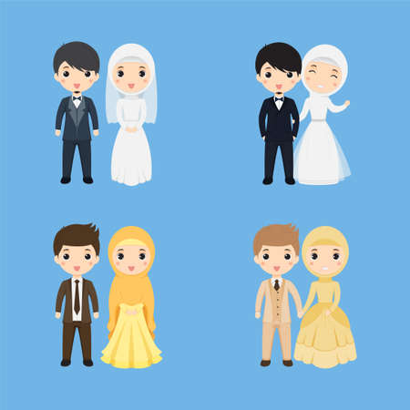 Set of Muslim couple wearing suit and dressのイラスト素材