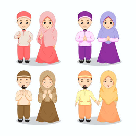 Set of Muslim couple character in colorful themeのイラスト素材