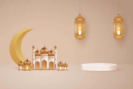 Ramadan or Eid mubarak background with two hanging lantern and podiumのイラスト素材