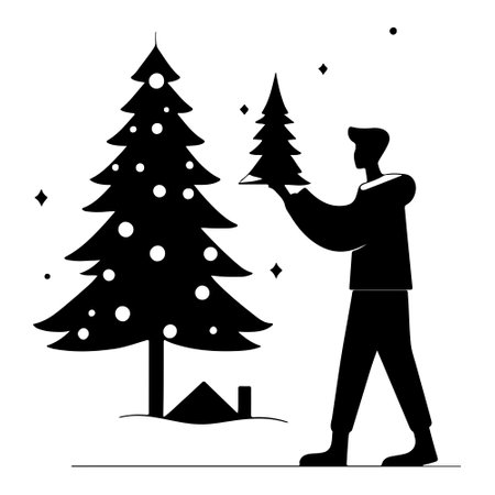 Silhouette of Young adult man choosing a Christmas tree at the farm outdoorsのイラスト素材