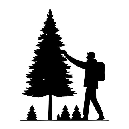 Silhouette of Young adult man choosing a Christmas tree at the farm outdoorsのイラスト素材