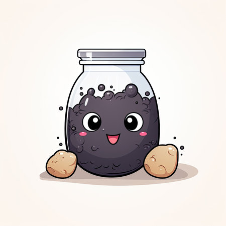 Cute cartoon black bean in a glass jar. Vector illustration.の素材