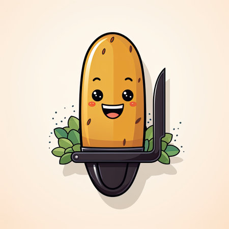 Cute kawaii potato character with knife. Vector illustration.の素材