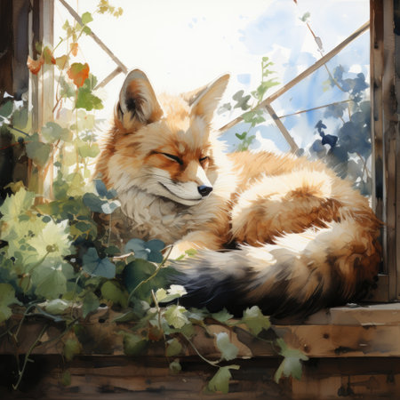 red fox on the window in the morningの素材