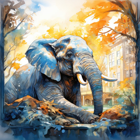 Watercolor elephant in a city park.の素材