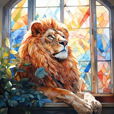 Lion in a stained glass window. Stained glass window.の素材