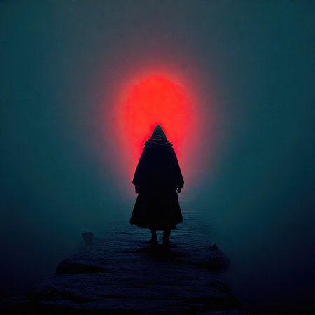 Silhouette of a woman standing on the edge of the cliff with a glowing red lightの素材