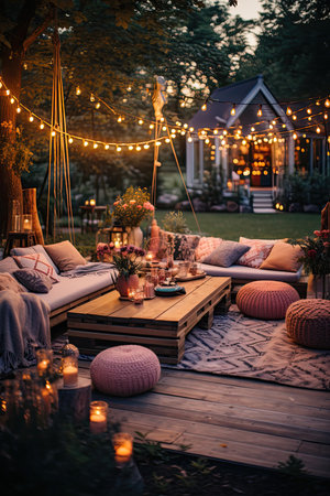 Beautiful summer garden terrace with furniture and candles in the eveningの素材
