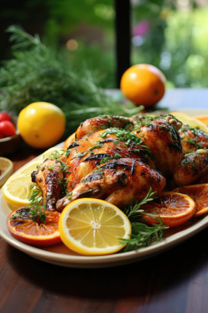 Baked chicken with lemon and herbs on wooden table, closeupの素材