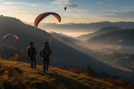 Paragliders in the mountains at sunset.の素材