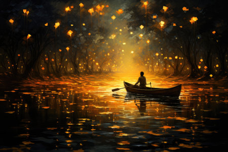 Fantasy landscape with a man in a boat on the lake.の素材