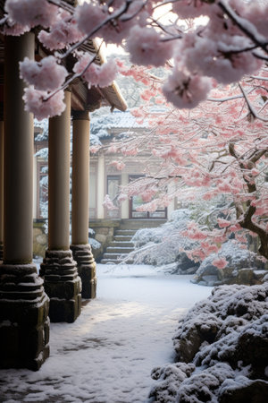 Cherry blossoms and Japanese temple in winter,の素材