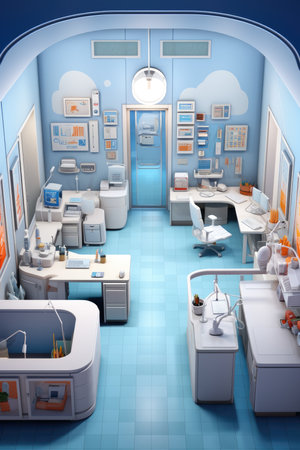 Interior of a dental clinic with blue walls and blue floor.の素材