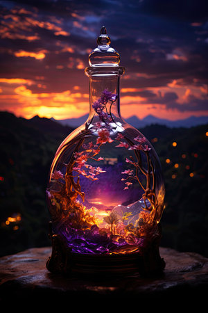 Magic potion in crystal bottle on the background of beautiful sunset. Halloween concept.の素材