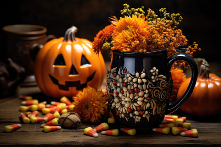 Halloween still life with pumpkins and candies on wooden tableの素材