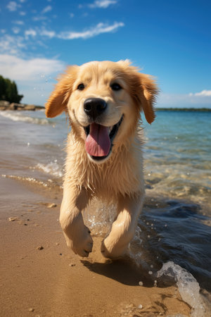 Golden Retriever running on the beach in the summertime.の素材