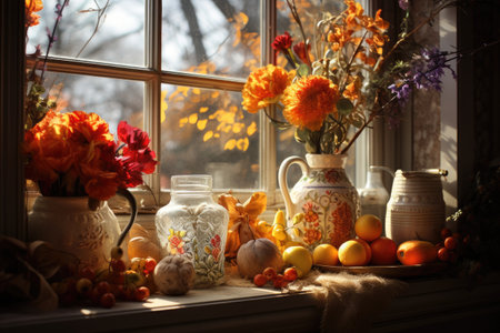 Autumn still life on the window. Orange and yellow flowers in a vaseの素材