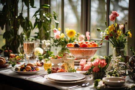 Easter table setting with fresh fruits and vegetables, selective focus.の素材