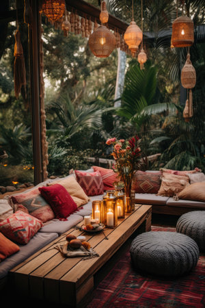 Interior of a cozy terrace with cushions and cushionsの素材
