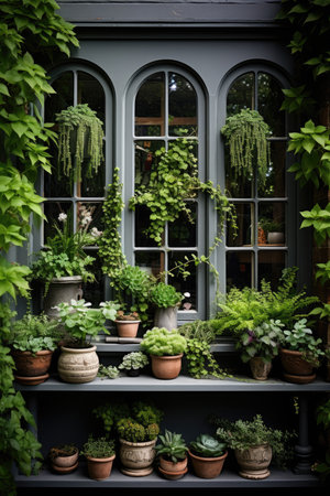 Green plants on the windowsill of an old houseの素材
