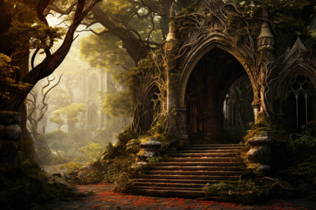 Fantasy landscape with old wooden door and stairs.の素材