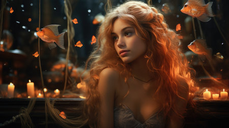 Beautiful young woman with long red hair. Fairy tale.の素材