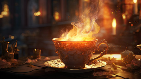 Cup of tea with steam on a table in a restaurant.の素材