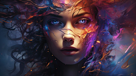 Fantasy portrait of a beautiful woman with bright make-up.の素材