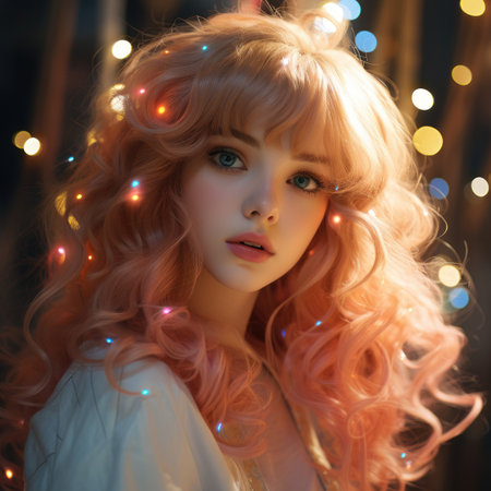 Portrait of a beautiful blond girl with long curly hair on a background of garlands.の素材