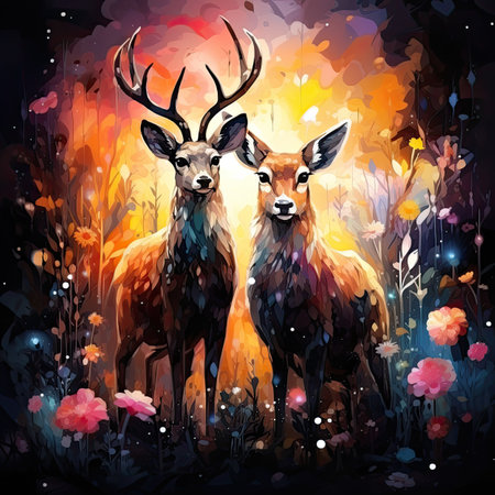Two deer in the meadow with flowers.の素材