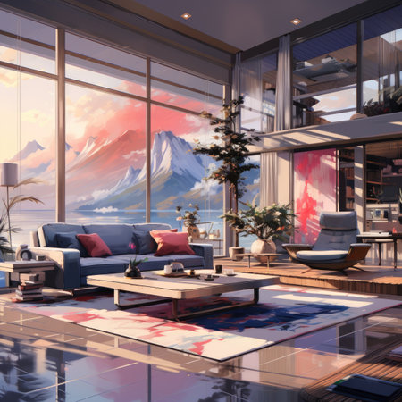 Interior of a modern living room with a panoramic view of Mountainの素材