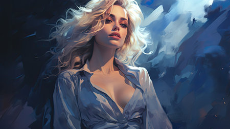 Beautiful blonde woman with long curly hair. Portrait of a girl in a white shirt.の素材