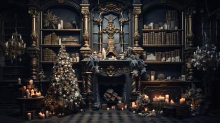 Luxury interior of the old library with books and candles.の素材
