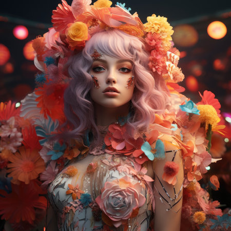 Fantasy woman with creative make-up and flowers in her hairの素材