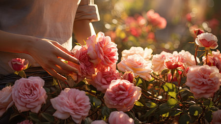 Close up of woman's hands touching pink roses in the garden.の素材