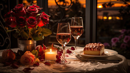 Valentine's Day romantic dinner with roses, cake and wineの素材