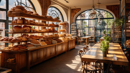 Bakery shop interior with bread, croissants and other productsの素材
