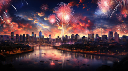 Fireworks over the city at night, panoramic view.の素材