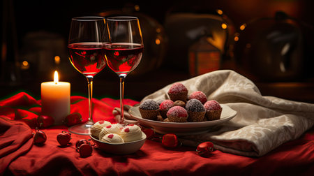 Romantic still life with two glasses of red wine and chocolate candiesの素材