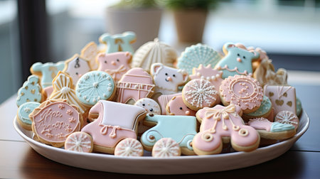 Christmas cookies in the form of animals on a plate on the tableの素材